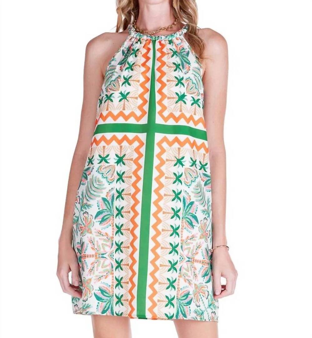 NEW JADE women's palm fiesta braided neck halter dress in white multi